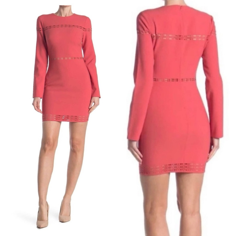 Likely Laser Cut Long Sleeve Bodycon Sheath Mini Dress Size 8 NWT Coral Red